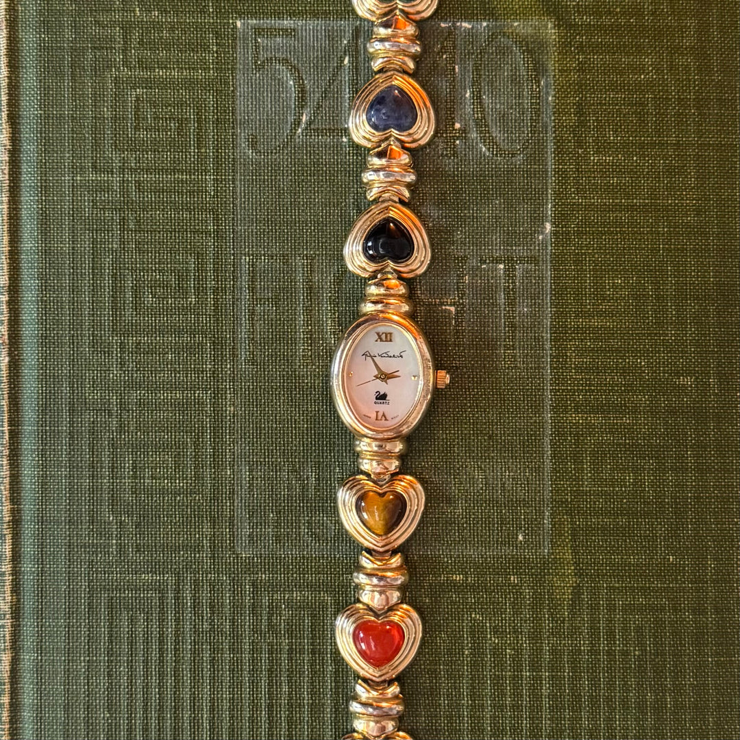 Gold Heart Watch with Multicolored Stones