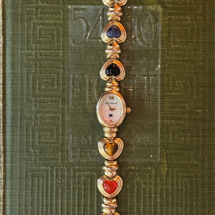 Gold Heart Watch with Multicolored Stones