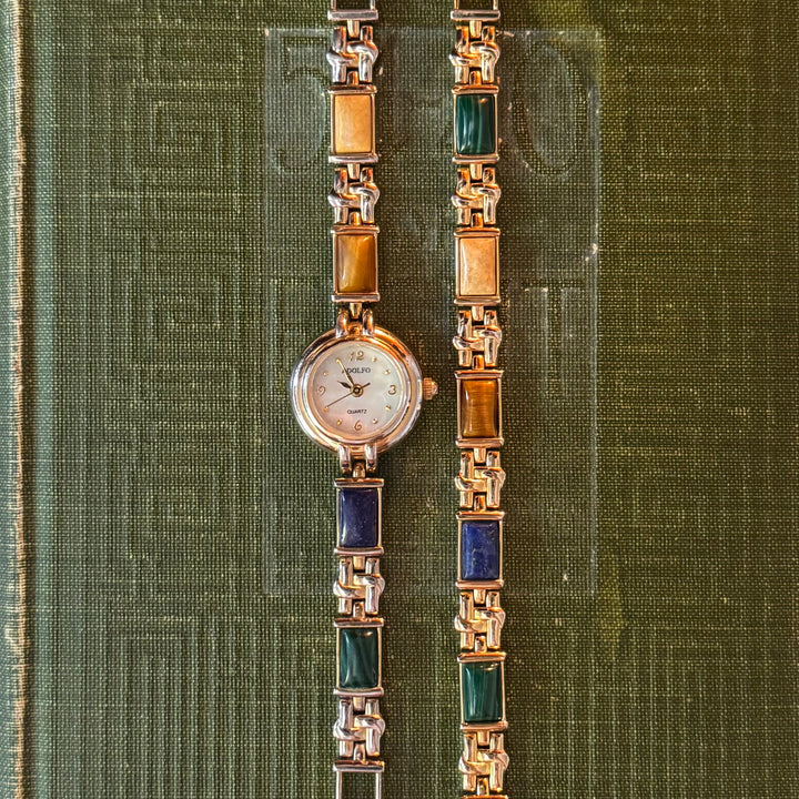 Gold Watch with Multicolored Band & Matching Bracelet