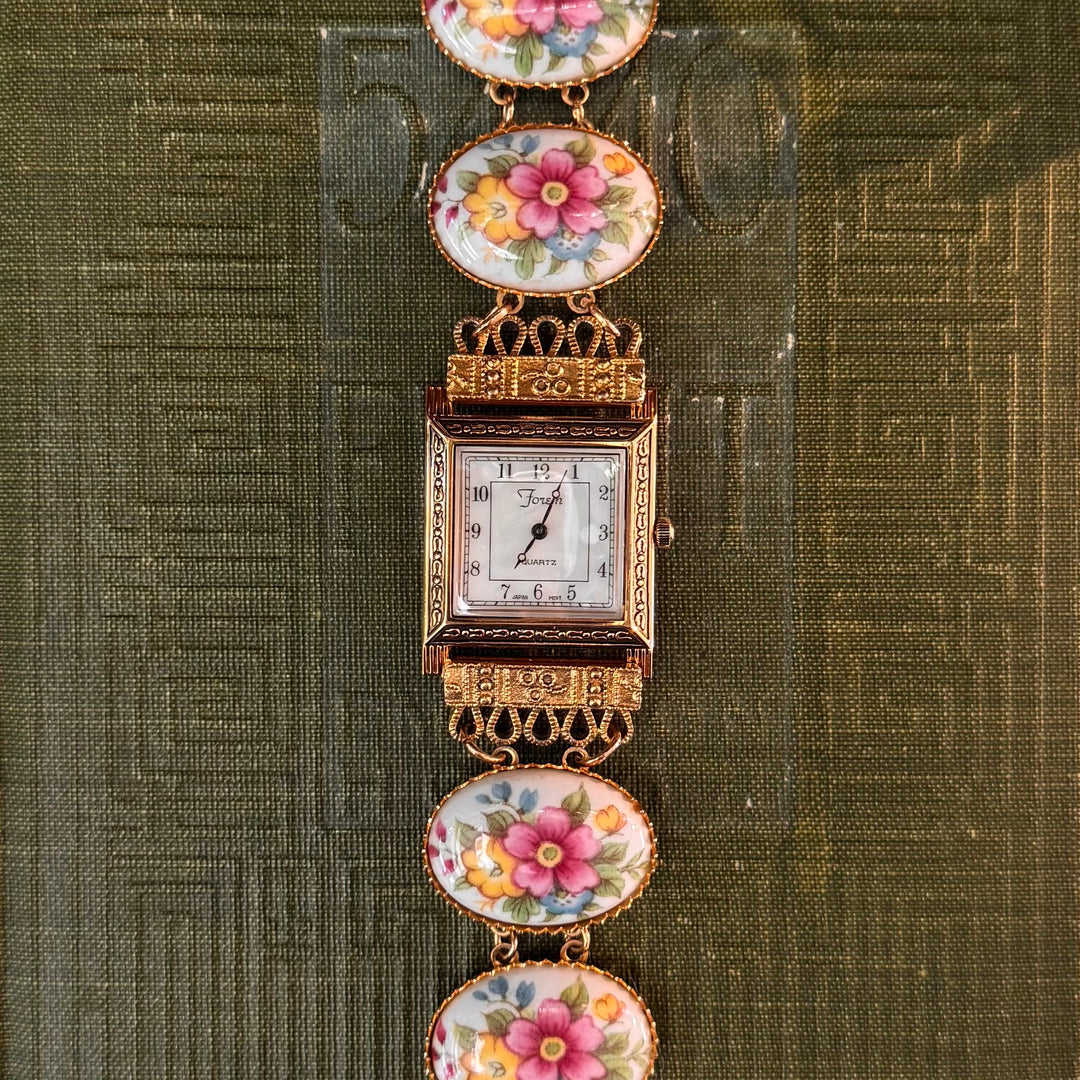 Repurposed Gold Floral Enamel Watch