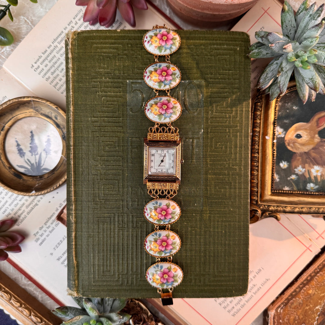 Repurposed Gold Floral Enamel Watch