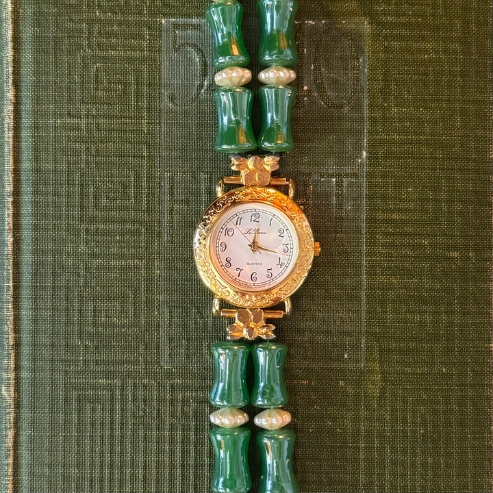 Gold Watch with Green & White Beads