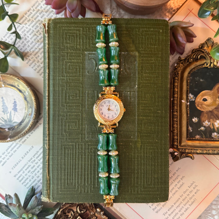 Gold Watch with Green & White Beads