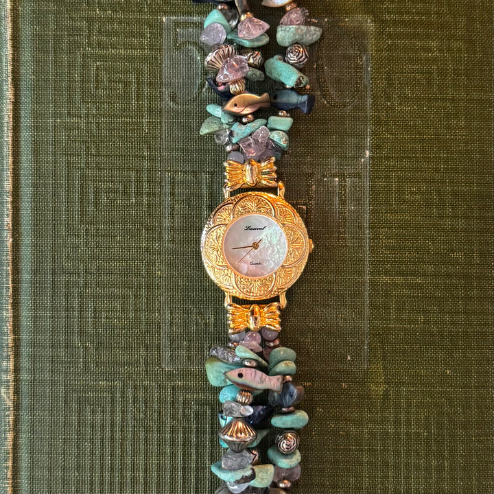 Gold Beaded Watch with Mother of Pearl Face