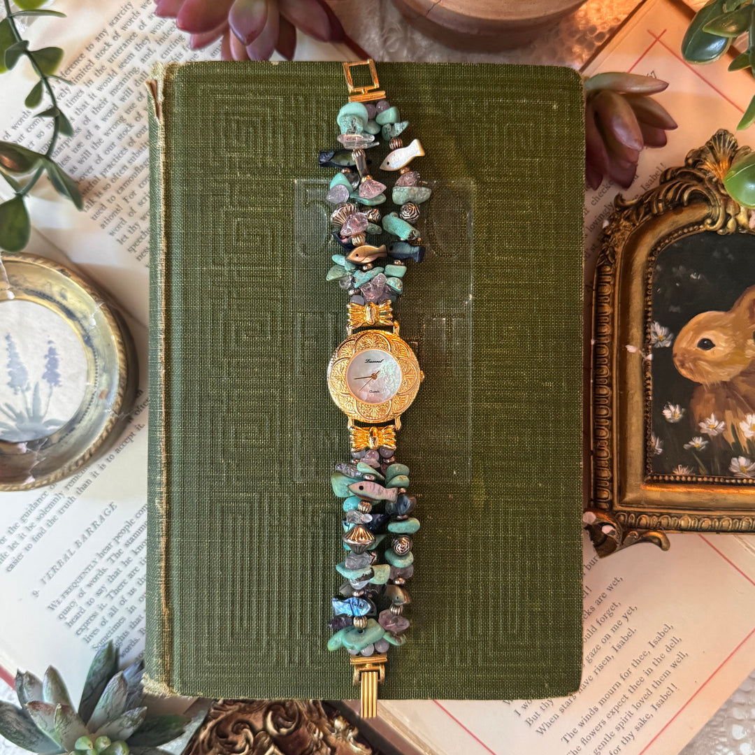 Gold Beaded Watch with Mother of Pearl Face