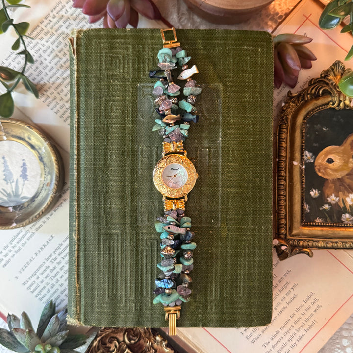 Gold Beaded Watch with Mother of Pearl Face