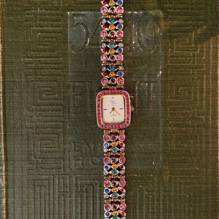 Original Gold Suzanne Somers Watch with Multicolored Rhinestones