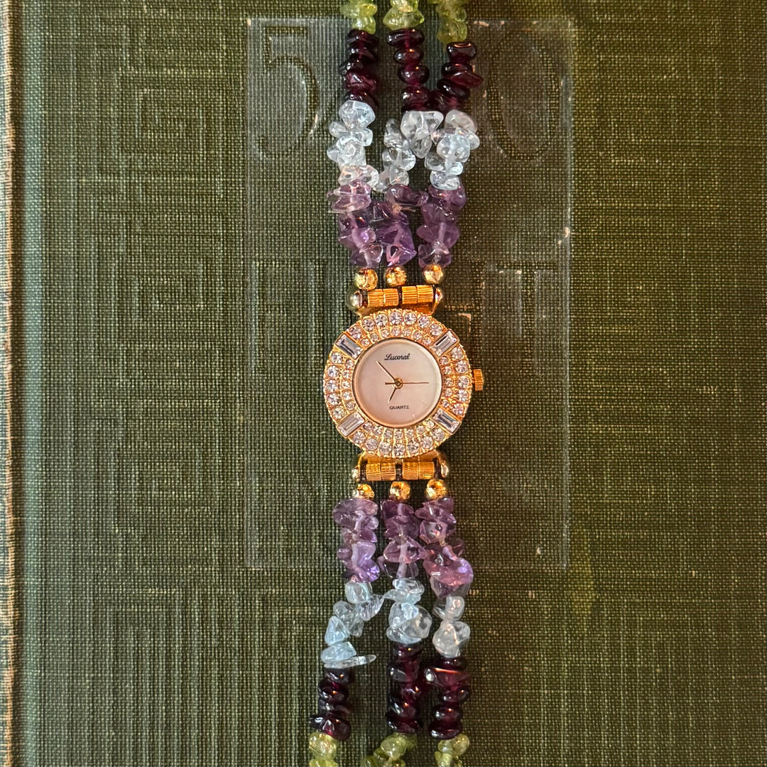 Gold Watch with Multicolored Beaded Stones
