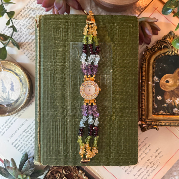 Gold Watch with Multicolored Beaded Stones