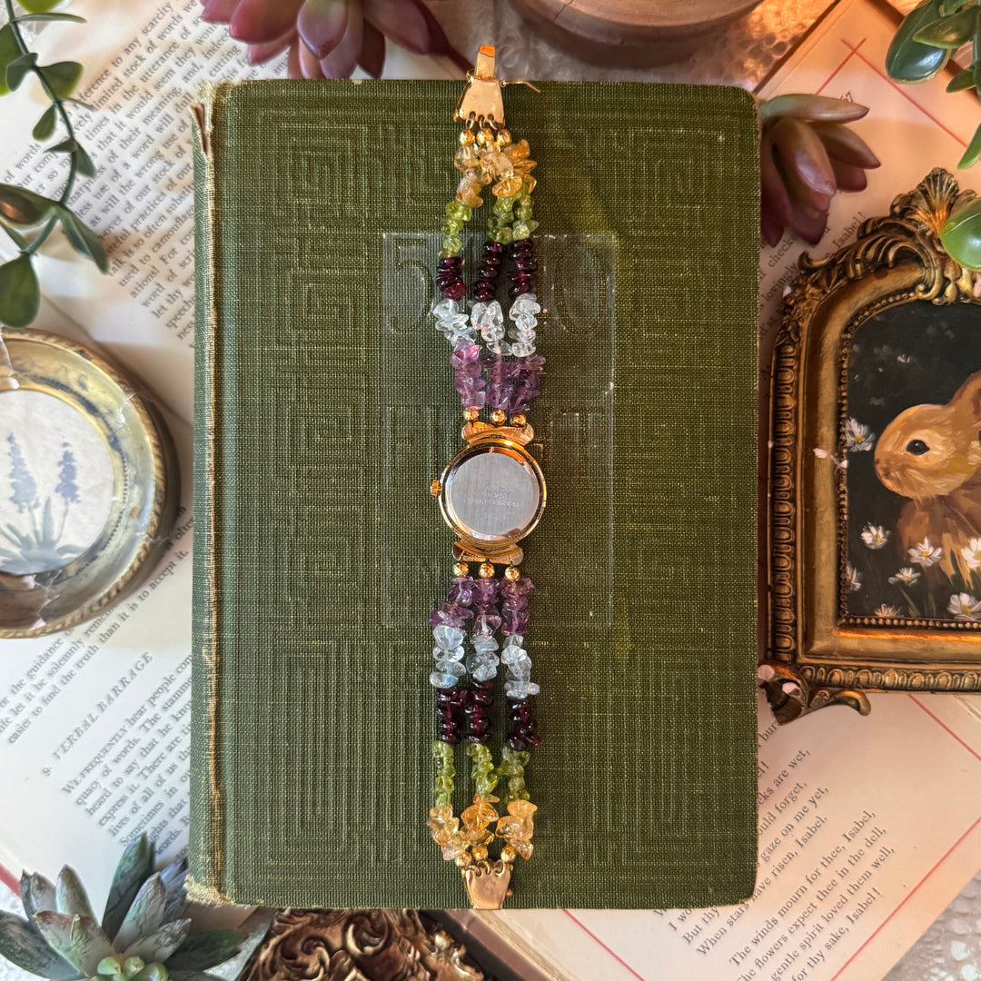 Gold Watch with Multicolored Beaded Stones