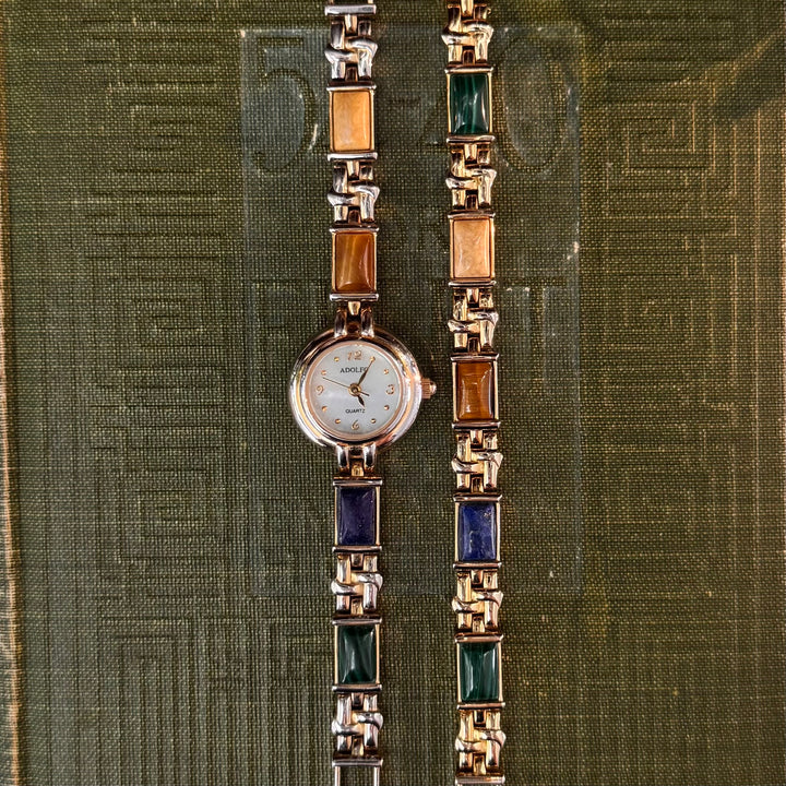 Gold Watch with Multicolored Band & Matching Bracelet