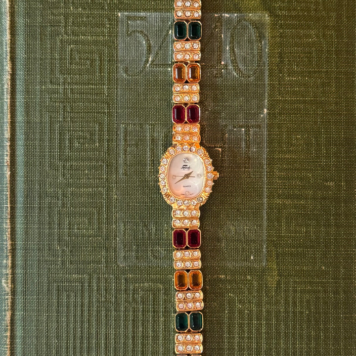 Gold Watch with Multicolored Rhinestones