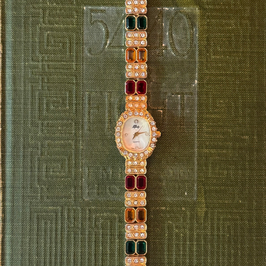 Gold Watch with Multicolored Rhinestones