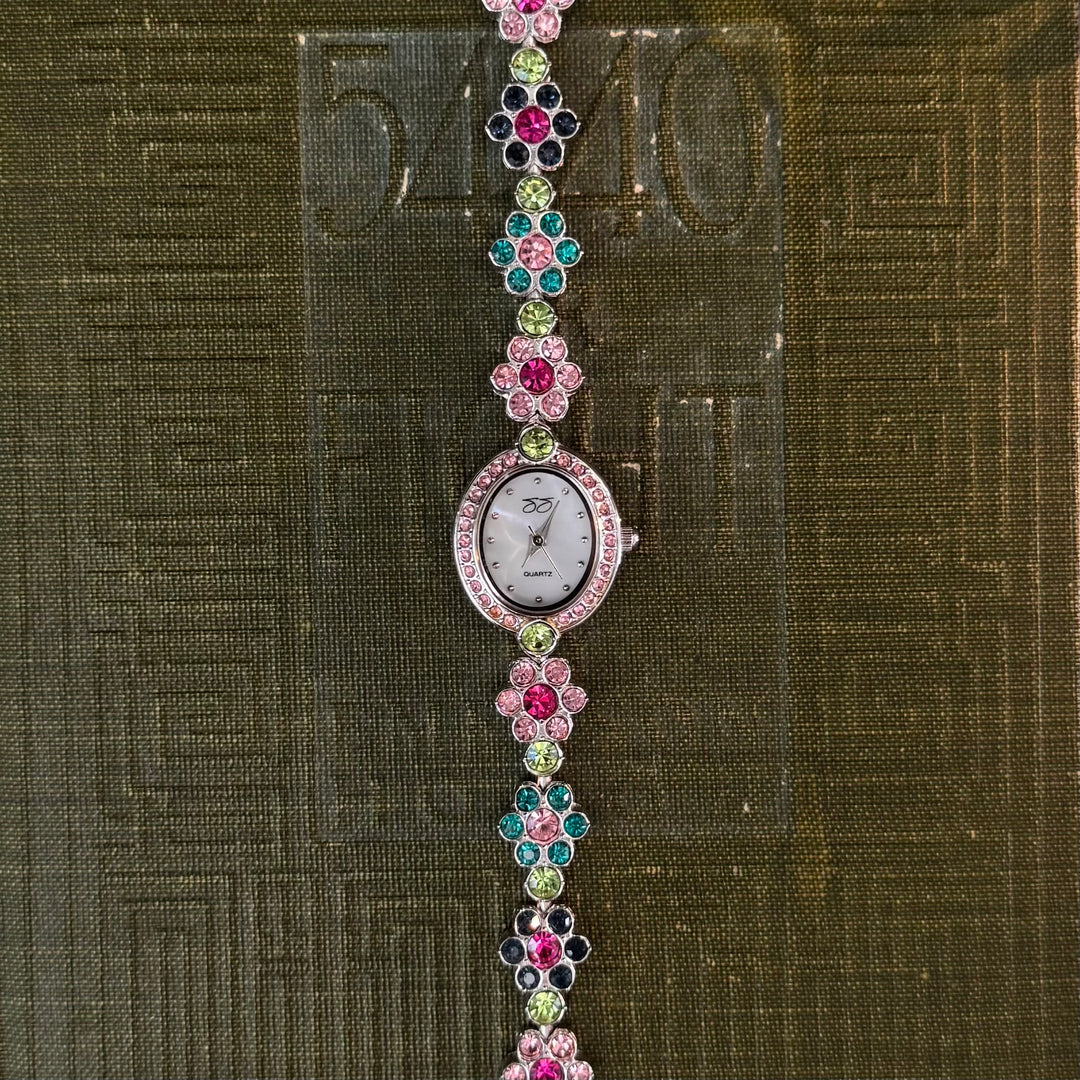 Silver Floral Watch with Multicolored Rhinestones