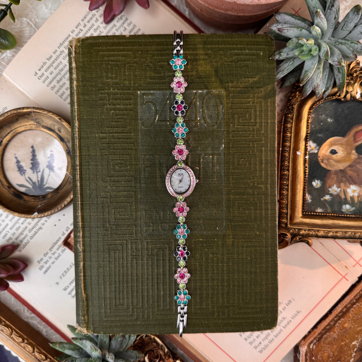 Silver Floral Watch with Multicolored Rhinestones