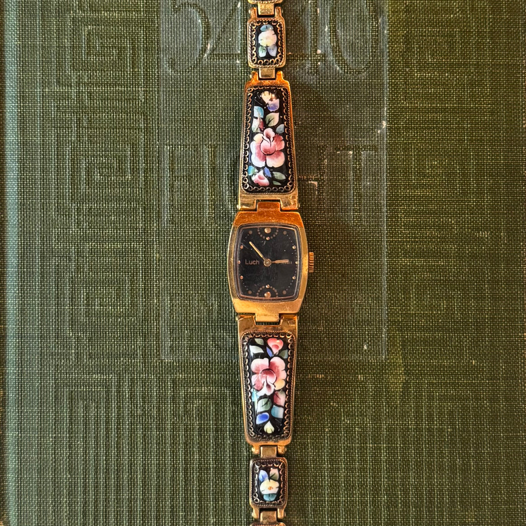 Rare Gold Hand Painted Enamel Floral Watch