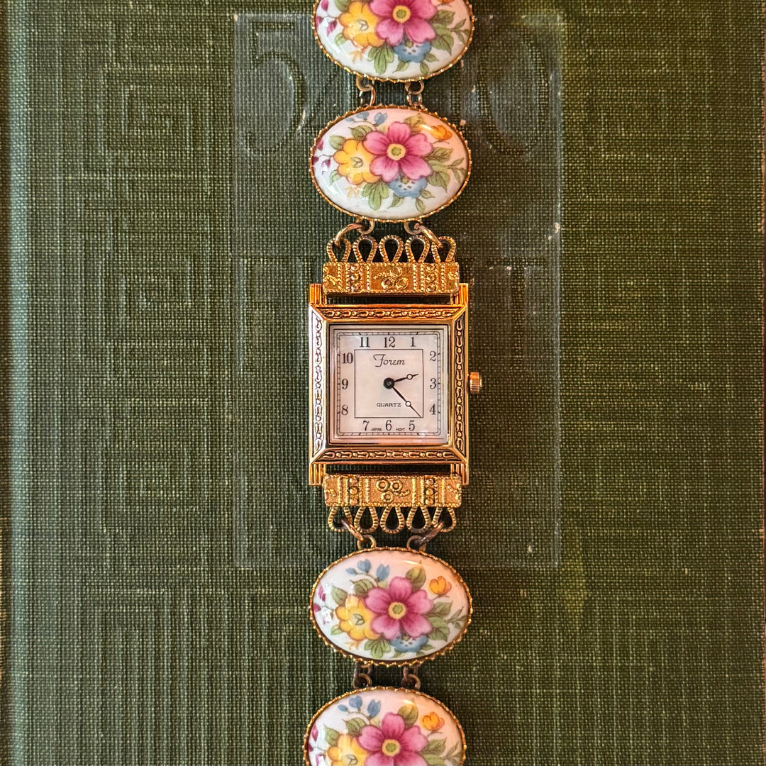 Repurposed Gold Floral Enamel Watch