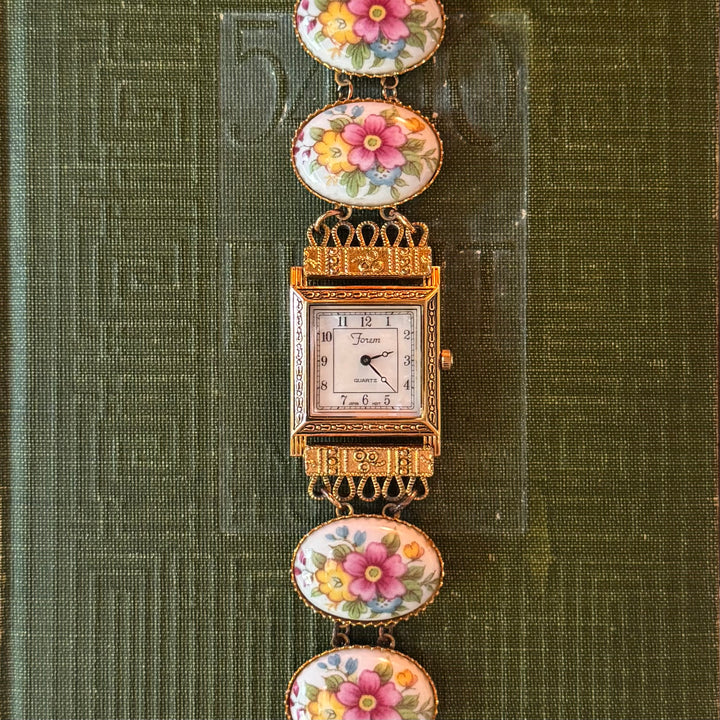 Repurposed Gold Floral Enamel Watch