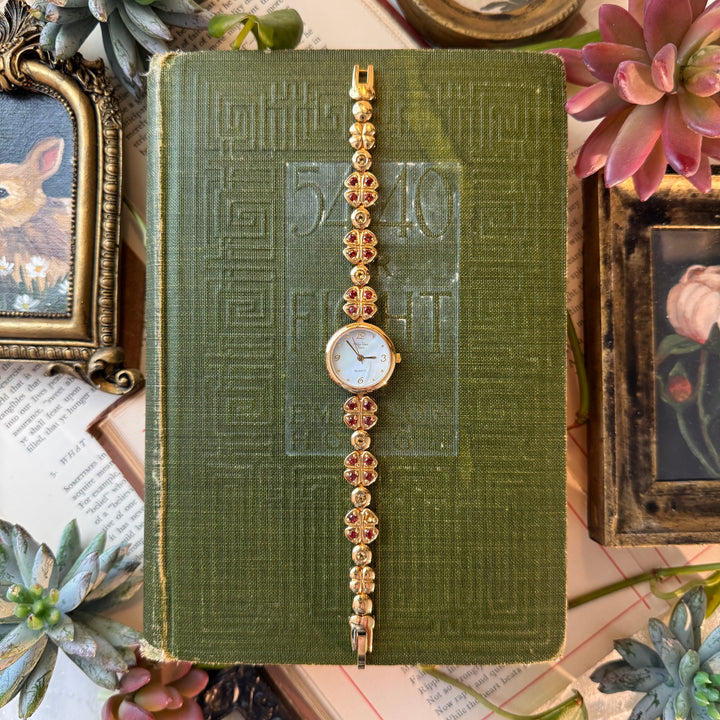 Gold Four Leaf Clover Watch with Genuine Garnet Stones