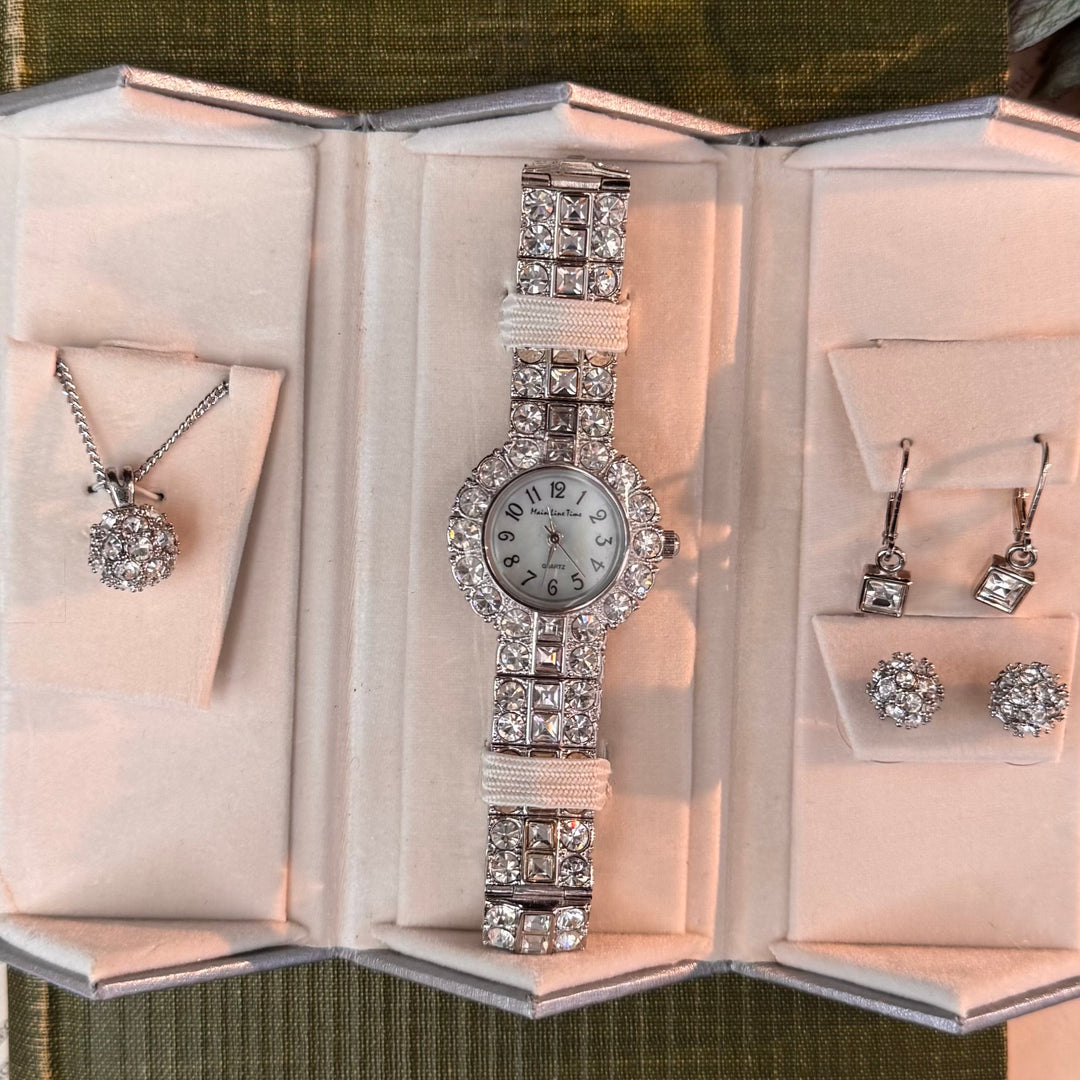 Silver Watch, Necklace, & Earring Set
