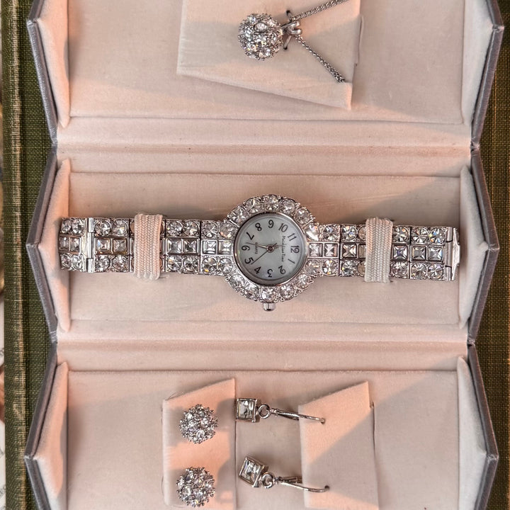 Silver Watch, Necklace, & Earring Set