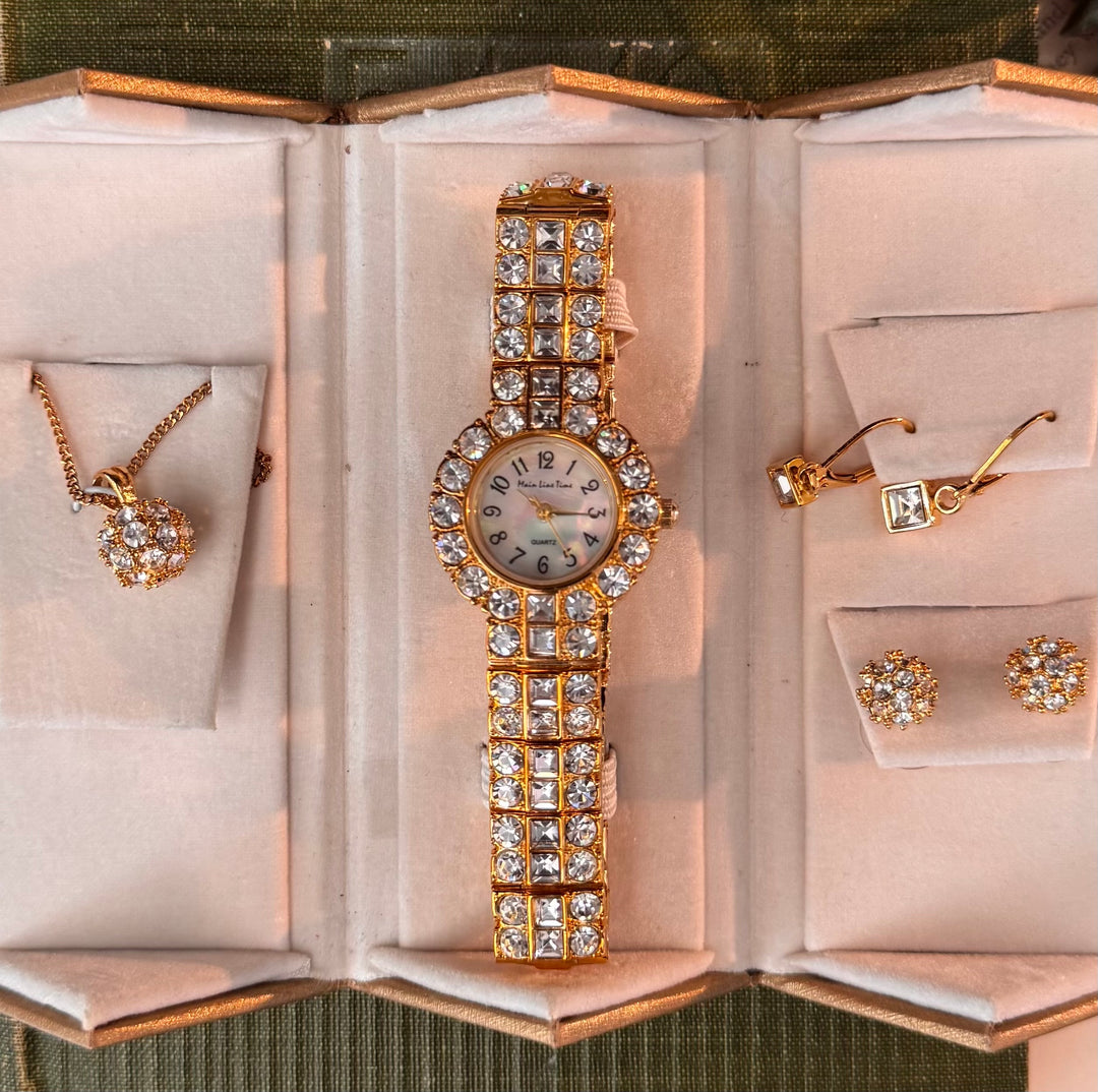 Gold Watch, Necklace, & Earring Set