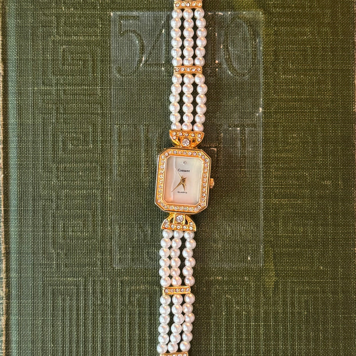 Gold Pearl Watch with Rhinestones