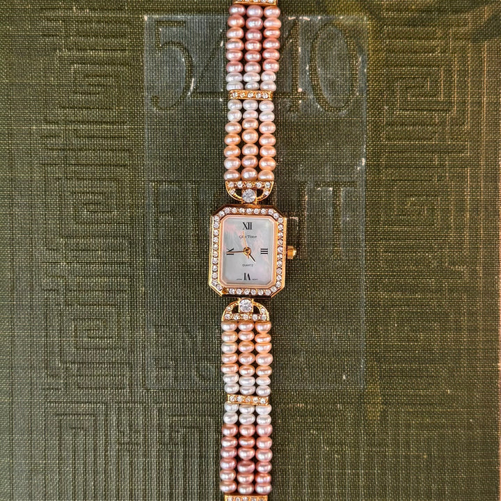 Gold Pearl Watch with Rhinestones