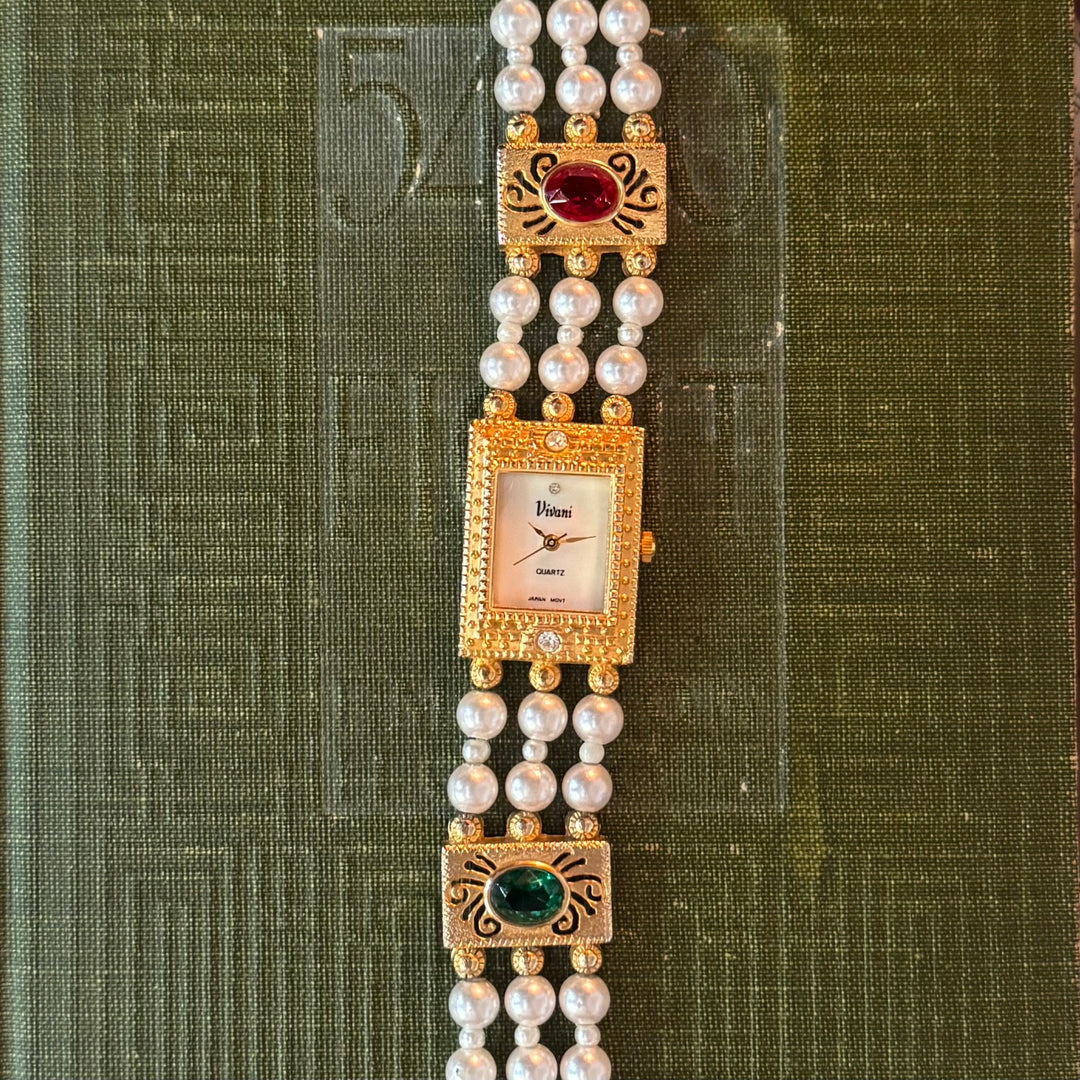 Gold Pearl & Rhinestone Watch