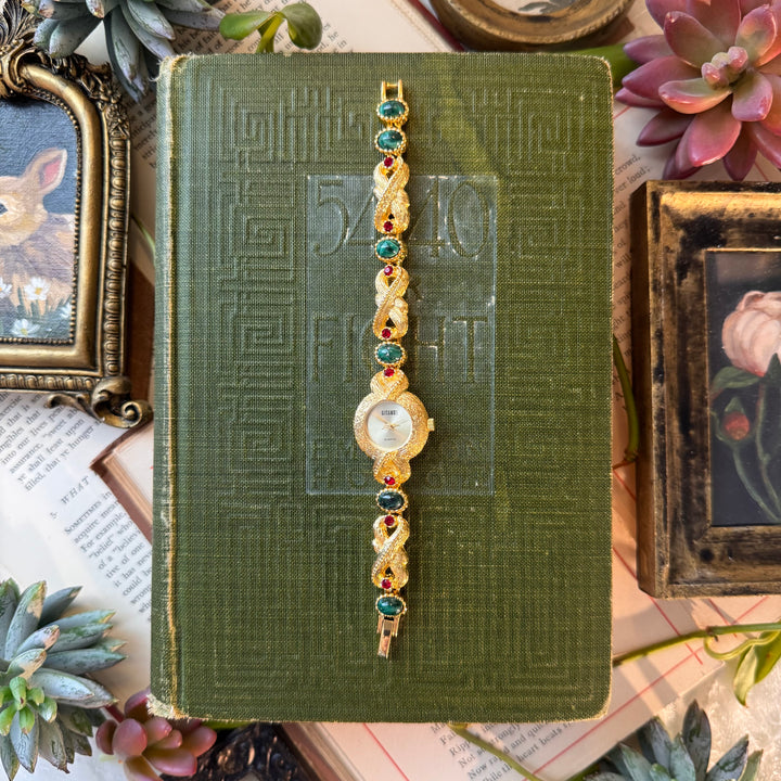 Gold Watch with Red and Green Stones