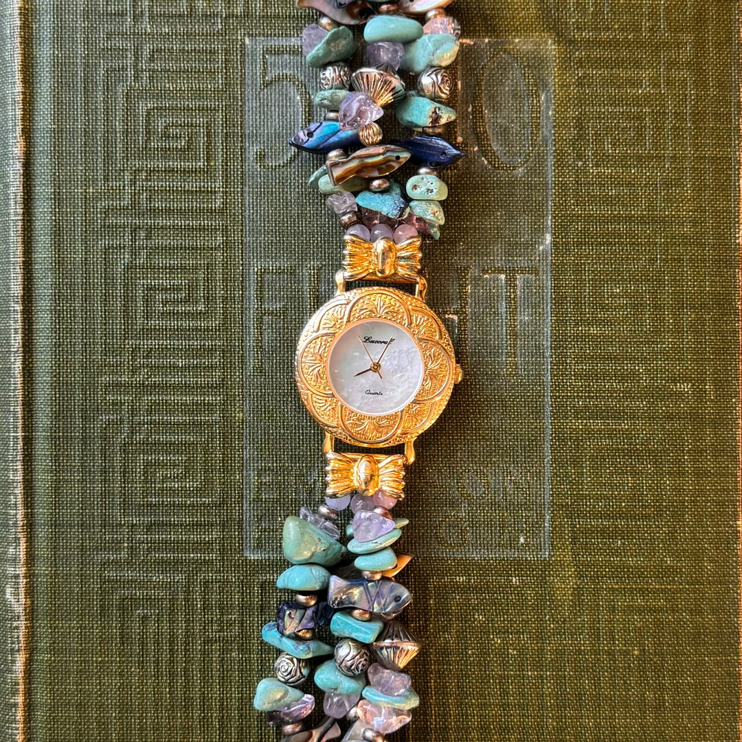 Gold Beaded Watch with Mother of Pearl Face