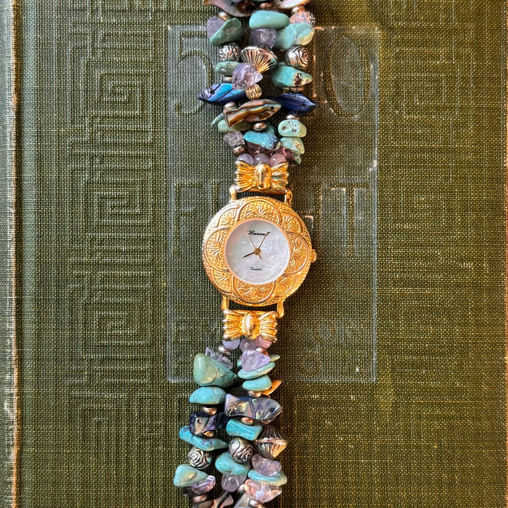 Gold Beaded Watch with Mother of Pearl Face