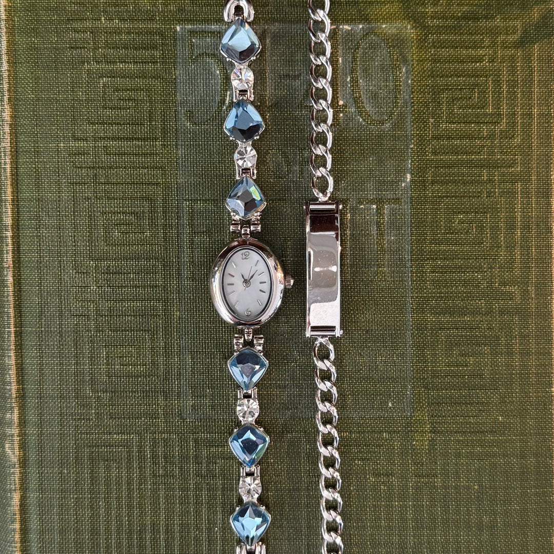 Silver Watch with Blue Stones & Matching Bracelet