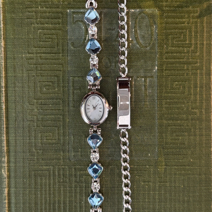Silver Watch with Blue Stones & Matching Bracelet