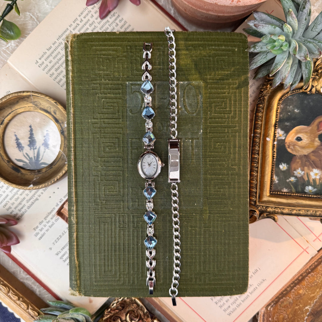 Silver Watch with Blue Stones & Matching Bracelet