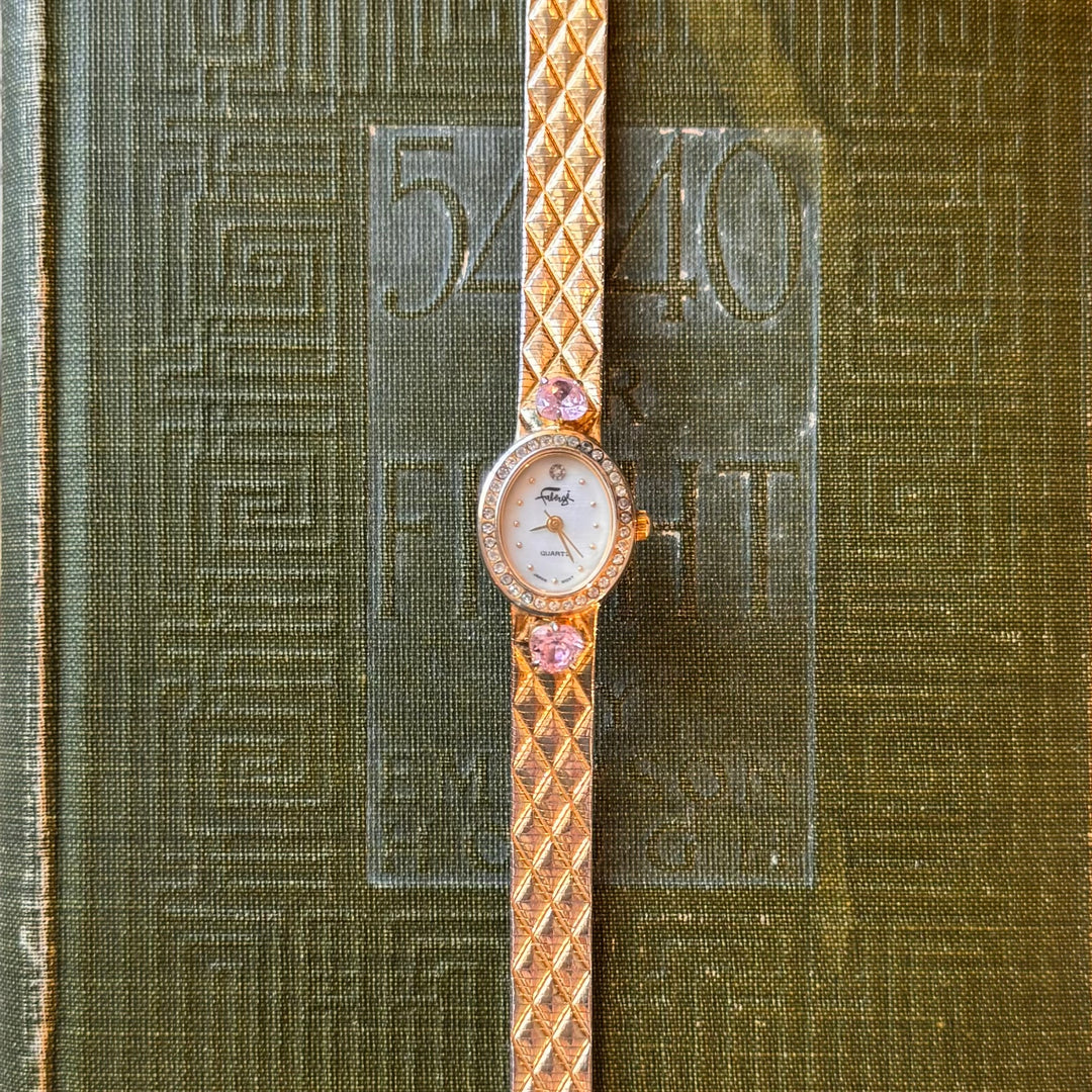 Gold Watch with Pink Stones