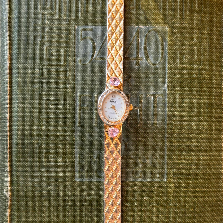 Gold Watch with Pink Stones