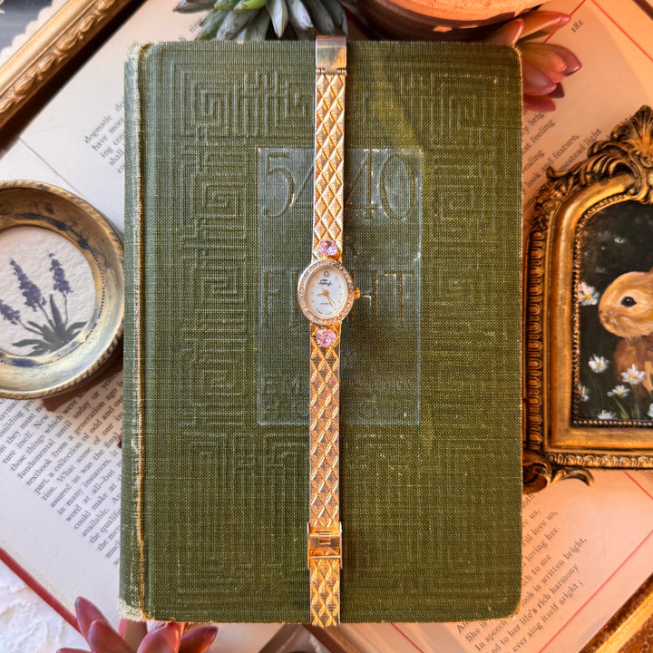 Gold Watch with Pink Stones