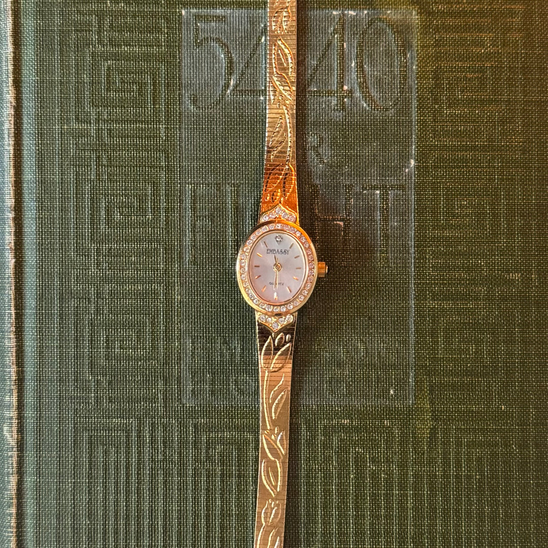 Gold Engraved Tulip Watch with Rhinestones