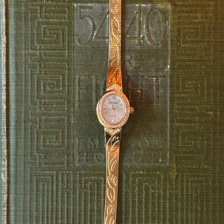 Gold Engraved Tulip Watch with Rhinestones