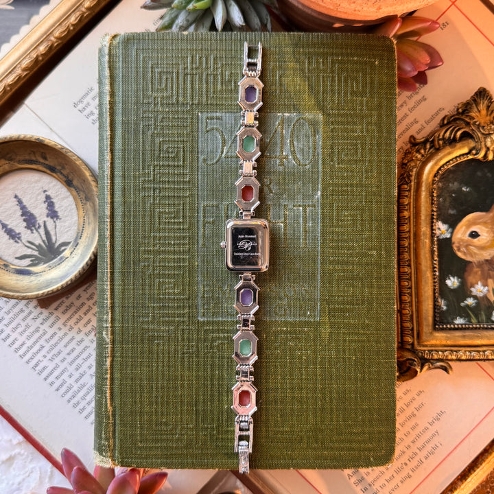 Silver Watch with Multicolored Genuine Gemstones