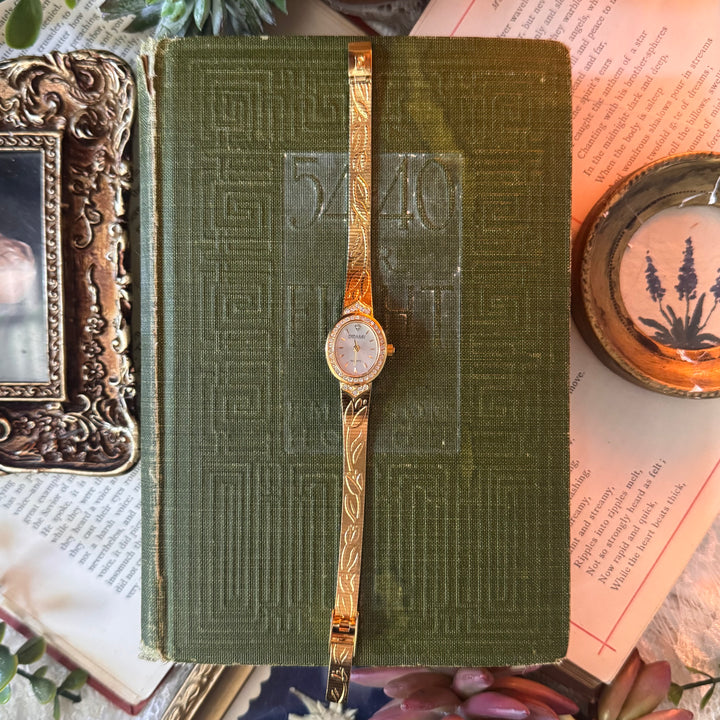 Gold Engraved Tulip Watch with Rhinestones