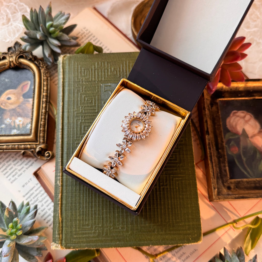 Gold Watch with Flower Rhinestones