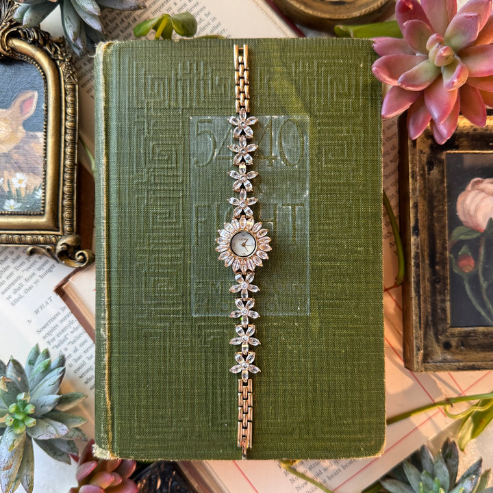 Gold Watch with Flower Rhinestones