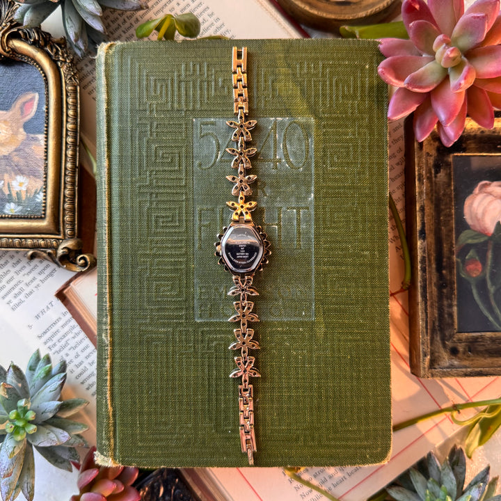 Gold Watch with Flower Rhinestones
