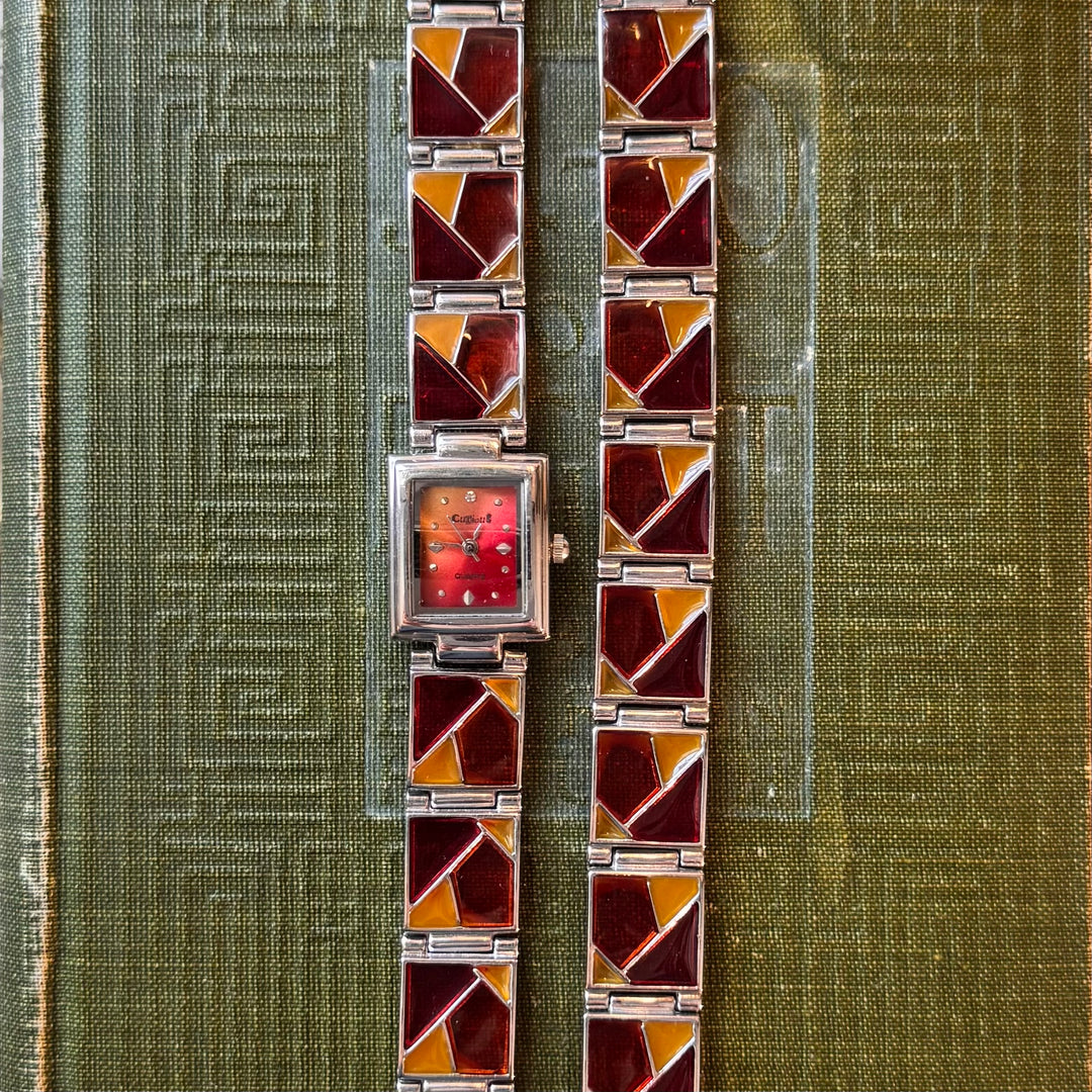 Silver Watch with Stained Glass like Details & Matching Bracelet