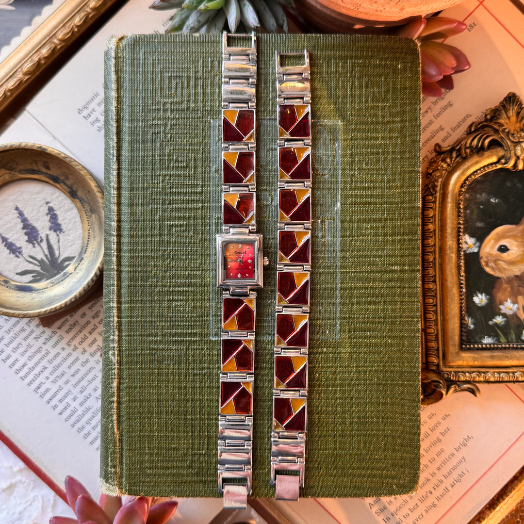 Silver Watch with Stained Glass like Details & Matching Bracelet