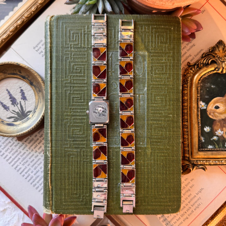 Silver Watch with Stained Glass like Details & Matching Bracelet