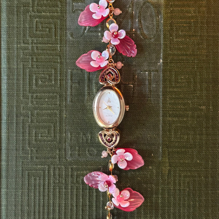 Handmade Gold Floral Watch with Genuine Ruby Beads