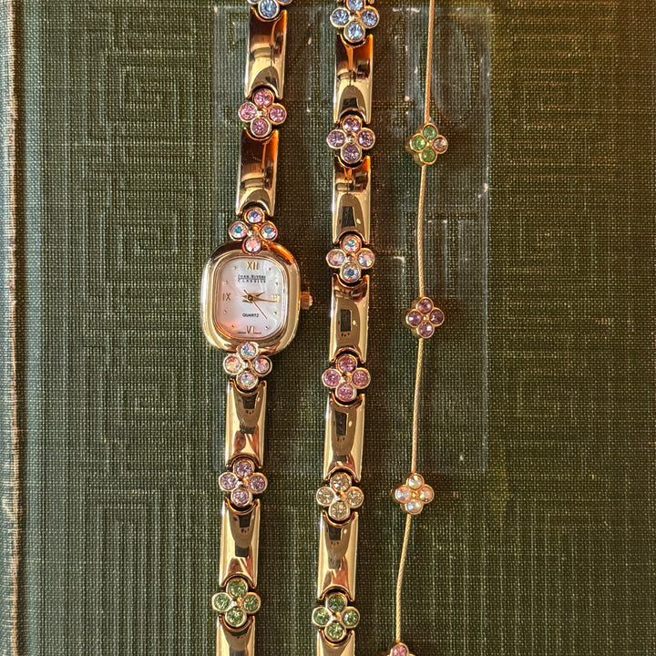 Extremely Rare Gold Joan Rivers Floral Rhinestones Watch with Matching Bracelet & Necklace
